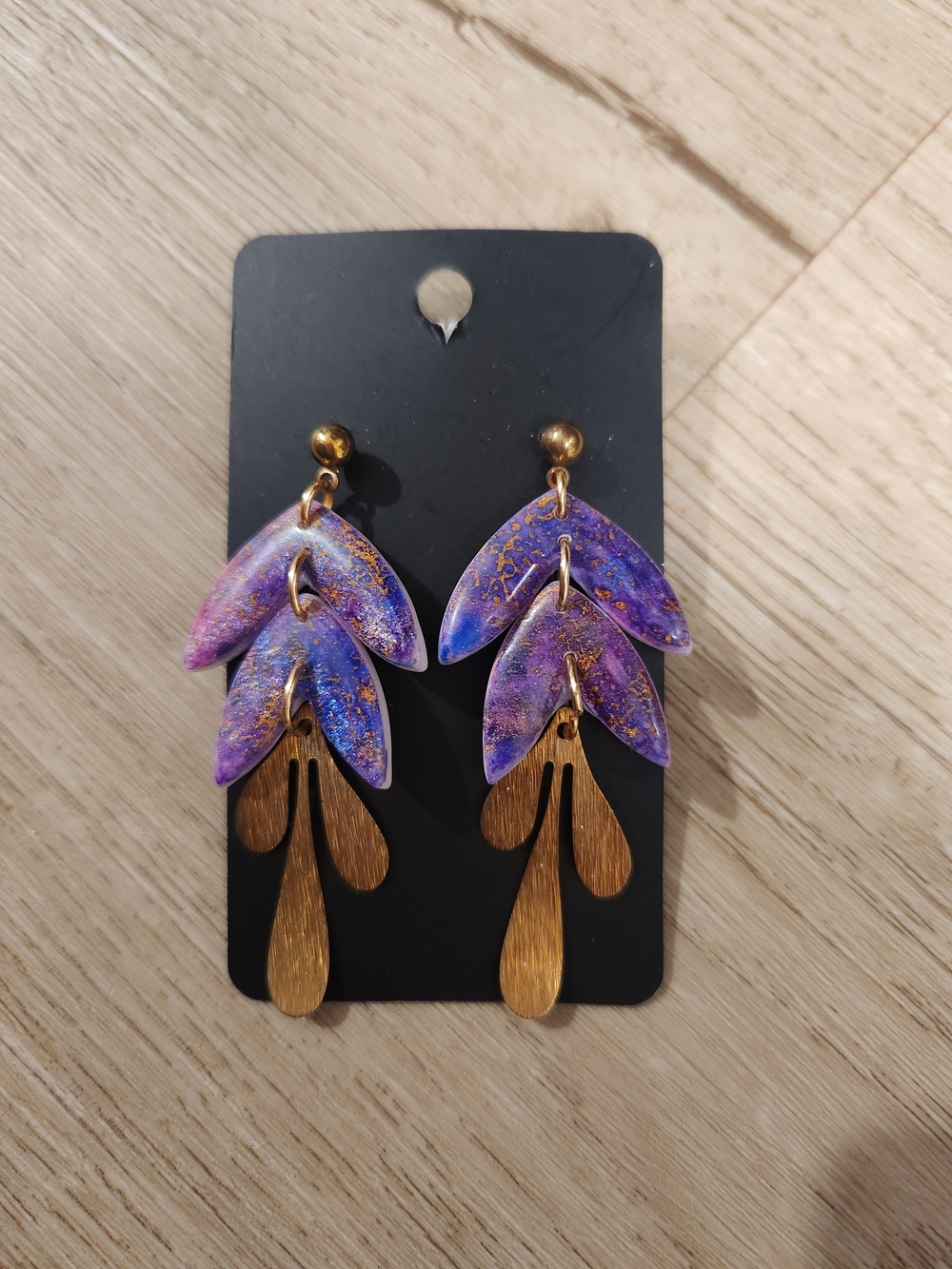 Purple & Gold Layered Leaf Drop Earrings - Women Jewelry